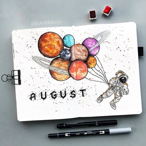 Another space theme for August cover page. It has been favorited by a lot o people these few months. Are you using space theme too? 😊😘 .… Journal D'inspiration, Bullet Journal Month, Bullet Journal 2019, Bullet Journal Cover Page, Bullet Journal Cover Ideas, Bullet Journal Aesthetic, Bullet Journal Notebook, Dot Journals, Bullet Journal Themes