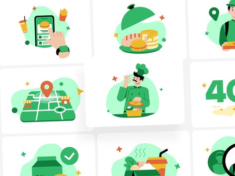 Delivery Illustration, Vector Library, Food Illustration Design, Kitchen Icon, Meal Planning App, Portfolio Pdf, Restaurant Delivery, Food Costumes, Creative Design Studio