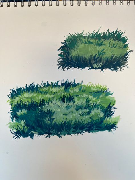 Grass Gouache Painting, Ghibli Grass Tutorial, Gouache Grass Tutorial, Gouache Grass Painting, Drawing Grass Easy, How To Paint Grass Gouache, Studio Ghibli Plants, Ghibli Plants, Grass Gouache