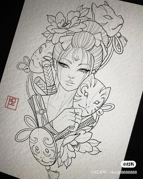 Tattoos Asian, Geisha Drawing, Tatuaje Studio Ghibli, Tattoos Japanese, Geisha Tattoo Design, Wrist Tattoo Designs, African Tattoo, Flower Simple, Geisha Tattoo