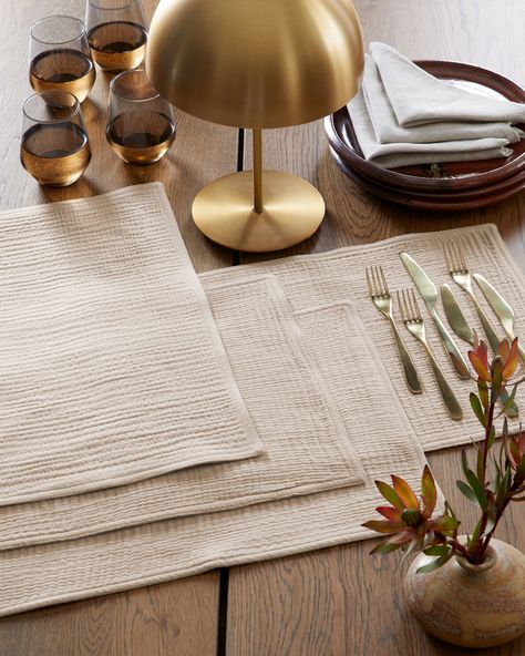 Quince | Organic Airy Gauze Placemats in Dune, Organic Cotton Modern Organic Dining Table, Linen Tablescape, Dining Table Placemats, Bamboo Plates, Fabric Placemats, Organic Forms, Ceramic Dinnerware, Unique Vases, Stainless Steel Polish