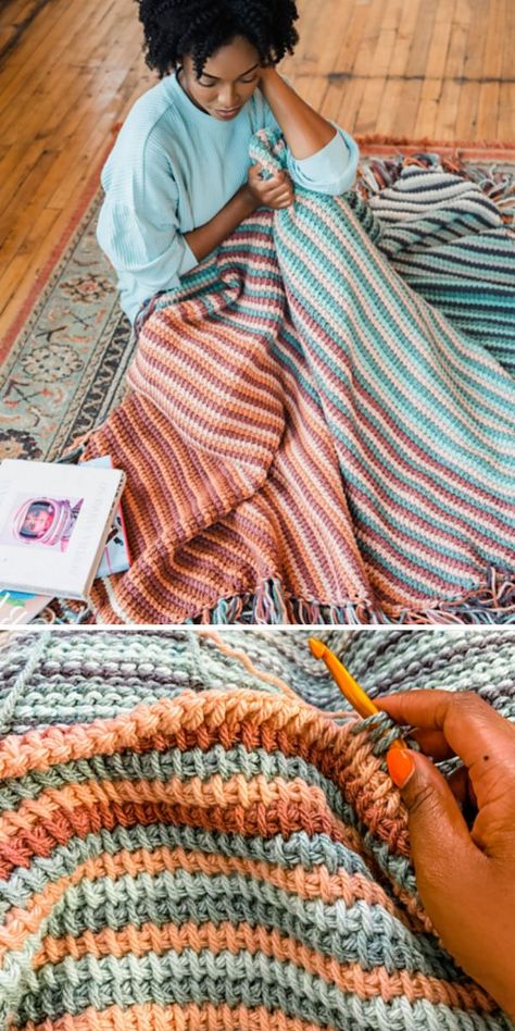 Modern Haken, Tunisian Crochet Blanket, Striped Crochet Blanket, Crochet Throw Pattern, Chunky Crochet Blanket, Tunisian Crochet Patterns, Crochet Tunisian, Crochet Stitches For Blankets, Crochet Blanket Designs