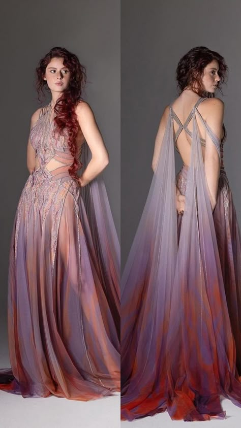 Fae Dress Aesthetic, Goddess Style Dress, Dawn Court Fashion, Moon Aesthetic Fashion, Summer Court Outfit, Feyre Summer Court Dress, Dune Inspired Fashion, Summer Court Dress, Asgardian Dress Goddesses