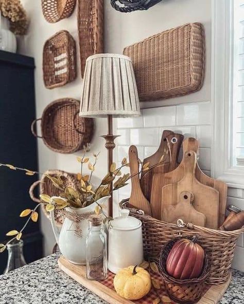 Simple French Country Decor, Fall French Decor, Vintage Baskets Decor, Vintage Cabinet Decor, Vintage Autumn Decor, Vintage Farmhouse Decor Ideas, Vintage Fall Decor Ideas, Old Farmhouse Decor, Cottage Fall Decor