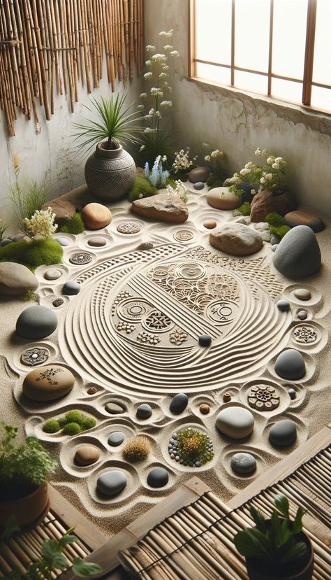 A serene image of a boho-style zen garden with sand and stones Indoor Zen Garden, Zen Sand Garden, Small Japanese Garden, Mini Zen Garden, Zen Garden Design, Boho Aesthetic, Japan Design, Slow Living, Zen Garden