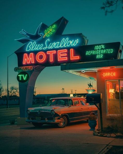 Syd Nagoshi on Instagram: "Tonight I'm in the hands of fate The Blue Swallow Motel and its iconic sign lighting up Route 66. Tucumcari NM #roadsidepeek #roadside #blueswallowmotel #tucumcari #newmexico #route66 #worldinmyeyes" City Planning Design, Blue Swallow Motel, 90s Rap Aesthetic, Guitar Country, Route 66 Sign, Motel Sign, Blue Swallow, Americana Aesthetic, Retro Signs