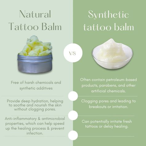 🌿 Go natural with your tattoo care! Natural tattoo balms nourish, hydrate, and protect your tattoo with pure ingredients, unlike synthetic balms filled with harsh chemicals. Keep your skin healthy and your art vibrant the natural way! 🌱✨ #TattooCare #NaturalTattooBalm #TattooAftercare #OrganicInkCare #EcoFriendlyTattoos #VeganTattooBalm #InkedAndOrganic #NaturalIsBetter #HealthySkinHealthyInk Vegan Tattoo, Tattoo Care, Tattoo Aftercare, Going Natural, Clogged Pores, Healing Process, Your Skin, Healthy Skin, Chemicals