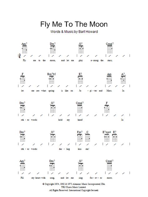 Download and Print Fly Me To The Moon (In Other Words) sheet music for Ukulele Chords/Lyrics by Frank Sinatra in the range of B3-E5 from Sheet Music Direct. Ukulele Notes, Chord Ukulele, Akordy Na Ukulele, Ukulele Fingerpicking Songs, Ukulele Fingerpicking, Ukelele Chords Ukulele Songs, Ukulele Songs Beginner, Easy Ukulele Songs, Ukulele Chords Chart