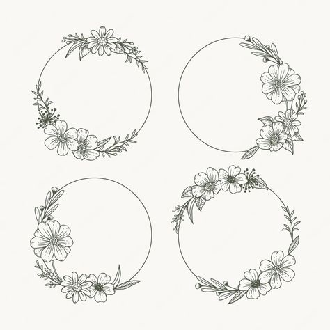 Embroderie Patterns Free, Floral Wreath Drawing, Wreath Tattoo, Circle Tattoo, Hand Embroidery Patterns Free, Circle Drawing, Wreath Drawing, Digital Embroidery Patterns, Hand Drawn Floral