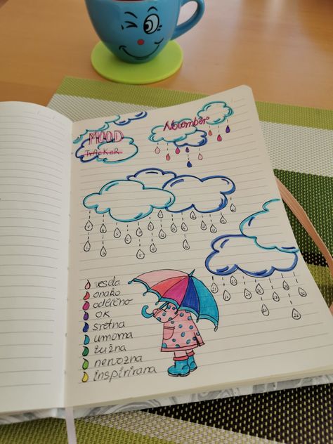 Bujo Challenge, Jurnal Bullet Ideas, Bujo Rain Theme, November Mood Tracker, Rain Journal, Kids Craft Work, Rain Bullet Journal, November Mood, Project Cover Page