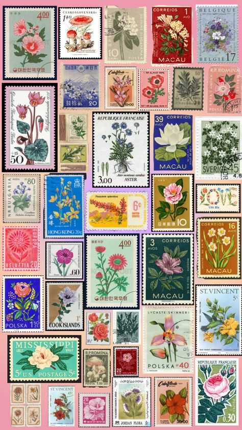 #stamps #flowers #floral Vintage Floral Stamps, Post Stamp Vintage, Aesthetic Stamps, Stamps Aesthetic, Vintage Flower Stickers, Stamps Wallpaper, Stamp Wallpaper, Pretty Stamps, Stamp Background