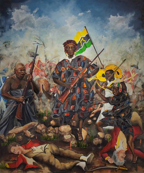 Yaa Asantewaa War (The Golden Stool War) ⚔ #Dopeblackart by @richmends2001arts  Artwork Caption: The Yaa Asantewaa War (Golden Stool War). Oil painting on 120cm by 100cm canvas. This is a painting telling the story of the heroine of the 5th and the final Anglo-Ashanti wars. Yaa Asantewaa was an influential Ashanti Queen Mother at the beginning of the twentieth century who led a rebellion against the British which then became known as the Yaa Asantewaa War or the Golden Stool war. When all the le Jay Bahd, Yaa Asantewaa, Ashanti Empire, City Boy, Warrior Queen, African History, World Cultures, Living Life, Black Is Beautiful