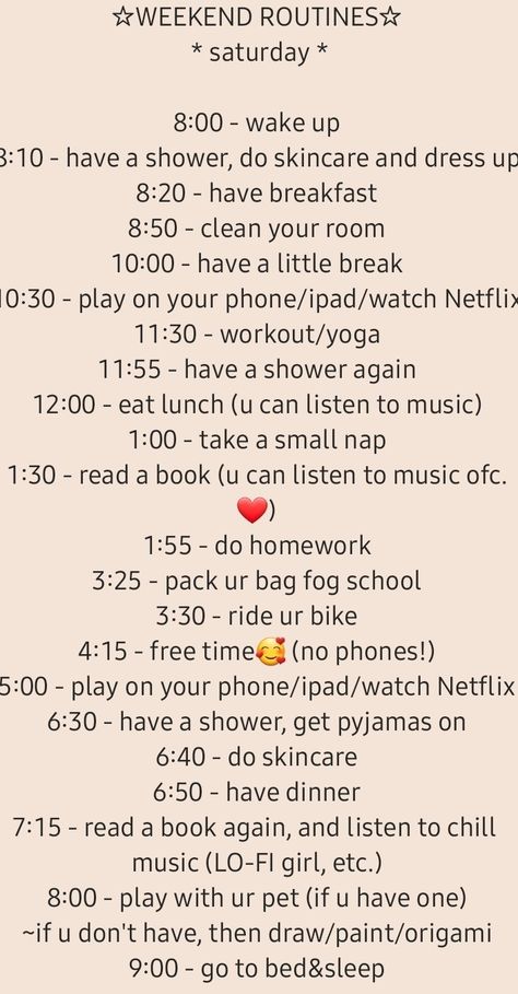 School Day Routine Daily Schedules, Productive Saturday Routine, Morning Routine Teenage Girl Weekend, Day Routine Weekend, Weekends Routine, How To Have A Productive Day, Productive Weekend Routine, Night Routine List, Saturday Morning Routine