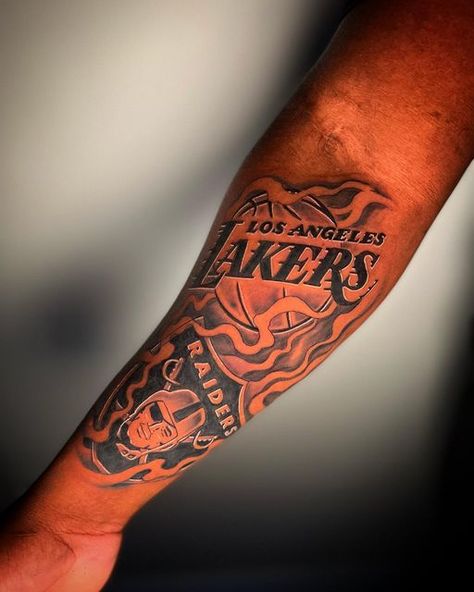 Sports Sleeve Tattoo, Westcoast Tattoo, Lakers Tattoo, Nfl Tattoo, Raiders Tattoo, Steelers Tattoos, Raiders Tattoos, Basketball Tattoos, Lake Tattoo