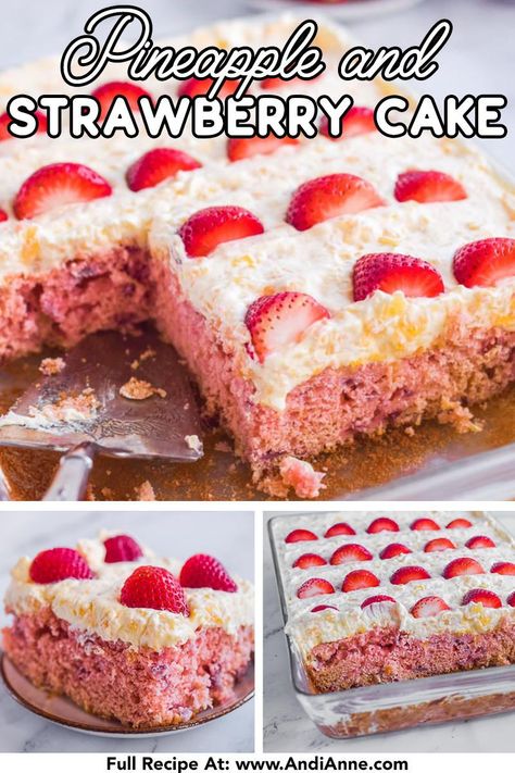 Strawberry pineapple cake is made with fresh strawberries and crushed pineapple. The base of the cake is a lovely pink color, with a delicious whipped topping and more fresh fruit. This cake is perfect for serving at birthdays or summer celebrations. Strawberry Pineapple Cake, Strawberry Pineapple Cake Recipe, Crushed Pineapple Cake, Strawberry Cake Mix Recipes, Pineapple And Strawberry, Strawberry Crush, Celebration Desserts, Popular Desserts Recipes, Banana Nice Cream