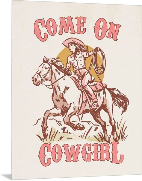 Metal Print entitled Come On Cowgirl II.  Multiple sizes available.  Primary colors within this image include White, Pink, Peach, Black.  Made in USA.  All products come with a 365 day workmanship guarantee.  Inks used are latex-based and designed to last.  Canvas is acid-free and 20 millimeters thick.  Canvas is designed to prevent fading. Cowgirl Tapestry, Girl Horse Room, Hoodie Design Ideas, Cowgirl Room, Country Wall Art, Western Wall Art, Black Framed Wall Art, Stamp Printing, Rose Shop