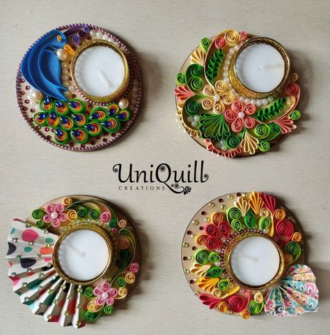 Botal Painting, Nidhi Singh, Quilling Candle Holder, Tea Light Crafts, Quilling Videos, Flower Crafts Kids, Diwali Candles, Thali Decoration, Thali Decoration Ideas