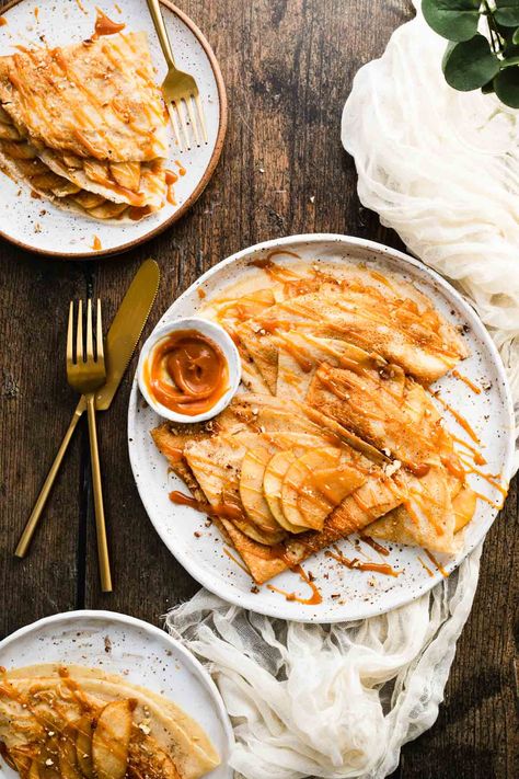 Apple Crepes with Cinnamon | Baker Street Society Fall Crepes, Caramel Crepes, Apple Caramel Sauce, Crepes Ideas, Cinnamon Crepes, Autumn Dessert Recipes, Apple Crepes, Best Crepe Recipe, Pies Thanksgiving