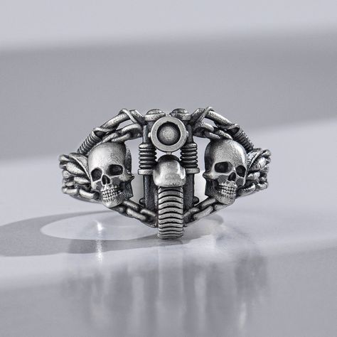 Motorcycle with Skull Biker Mens Silver Ring, Gothic Cool Ring For Husband, Vintage Goth Punk Ring, Motorcycle Men Jewelry, Anniversary Gift This motorcycle ring with skull will speak for itself. A symbol of power and success for a man who wants to be different, this silver ring is the perfect gift for your husband or boyfriend. The ring has an antique finish, making it look as if it was passed down from generation to generation. The vintage look is paired with a cool skull design made by skille Biker Rings Mens, Vintage Goth, Mens Rings Fashion, Biker Rings, Gothic Rings, Mens Silver Rings, Skull Design, Skull Ring, Bracelet Crafts