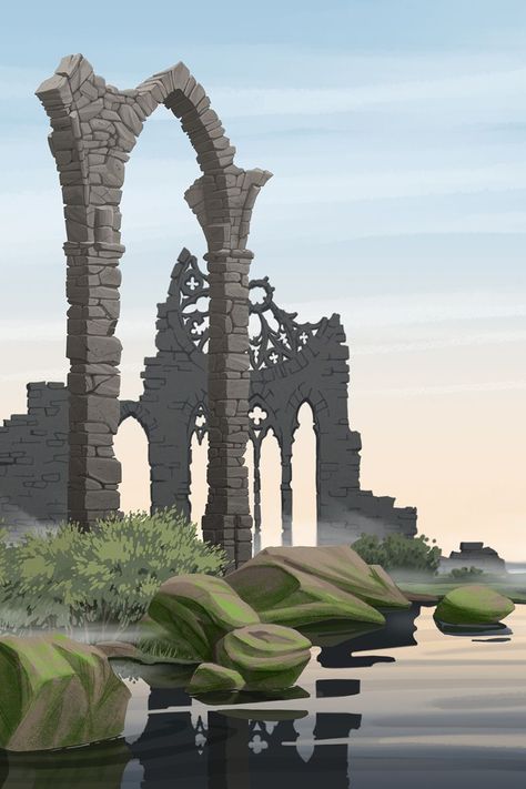 Abandoned Ruins Concept Art, Stone Ruins Concept Art, Ruined Temple Concept Art, Castle Ruins Tattoo, Castle Ruins Concept Art, Ruined Castle Fantasy Concept Art, Castle Ruins Drawing, Ruins Pixel Art, Temple Ruins Art