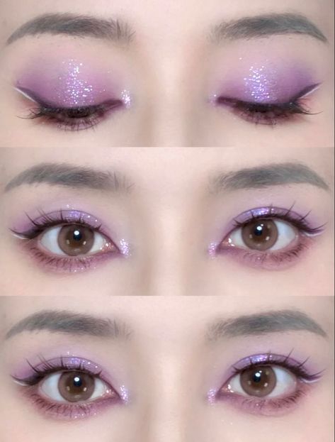 Natural 15 Makeup, Subtle Rainbow Eyeshadow, Light Purple Simple Makeup, Cute Purple Eye Makeup, Purple Makeup Looks Asian, Kpop Purple Makeup, Korean Purple Eye Makeup, Purple Eye Makeup Douyin, Purple Asian Makeup