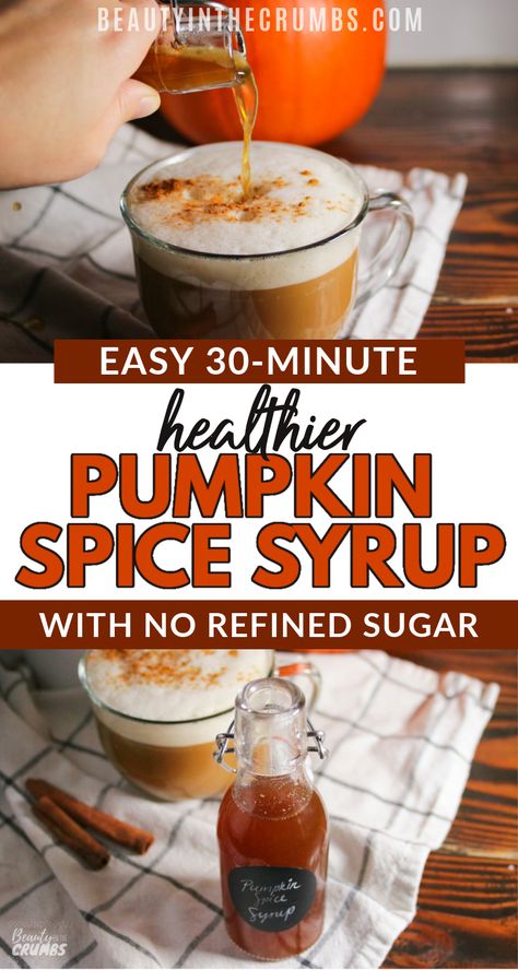 Learn how to make your own healthy pumpkin spice syrup recipe at home! A frugal and deliciously cozy was to drink pumpkin spice lattes all season at home. Check out my tip for the easiest clean up ever! HINT: There's no straining involved and no grainy pumpkin chunks. #pumpkinspicesyrup #pumpkinspicelatte #pumpkinspicerecipe #coffee #frugaltips #healthydrinks Healthy Pumpkin Syrup For Coffee, Diy Pumpkin Spice Syrup For Coffee, Healthy Pumpkin Syrup, Vegan Pumpkin Syrup For Coffee, Pumpkin Sauce For Coffee Healthy, Healthy Pumpkin Spice Sauce, How To Make Pumpkin Syrup For Coffee, Home Made Pumpkin Spice Syrup, Homemade Pumpkin Coffee Syrup