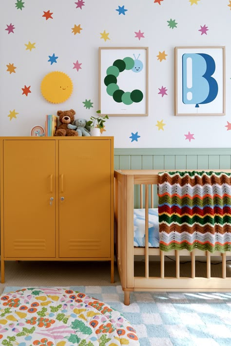 In case you haven't heard, colour is back. Brightly Colored Nursery, Bright Nursery Ideas Gender Neutral, Colorful Modern Nursery, Fun Colorful Nursery, Bright Colour Nursery Ideas, Baby Room Colourful, Color Nursery Ideas, Eclectic Nursery Gender Neutral, 90s Nursery Theme