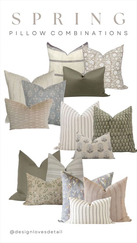 Pillow Covers For Beige Couch, Throw Pillow Combo, Pillows Arrangement Couch, Green Couch With Throw Pillows, Throw Pillows On Beige Couch, Throw Pillows On A Tan Couch, Spring Cushions Living Rooms, Mismatched Couch Pillows, Neutral Living Room Pillows