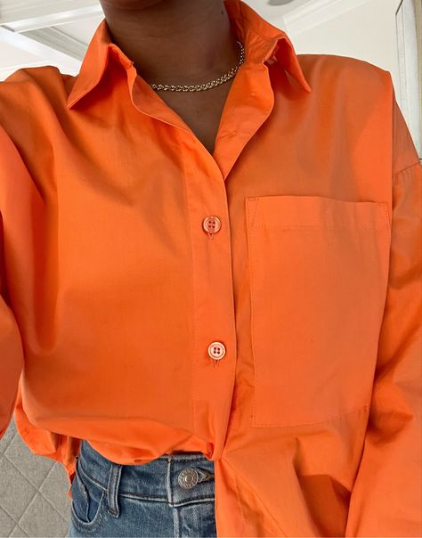 Bright Orange, wrinkle resistant shirt gold earrings and necklace high waisted mom jeans Follow my shop @shesallnash on the @shop.LTK app to shop this post and get my exclusive app-only content! #liketkit #LTKunder100 #LTKSeasonal #LTKstyletip @shop.ltk https://liketk.it/3Ejpl Orange Button Up Shirt Outfit, Emotional Oranges, Orange Shirt Outfit, Gold Earrings And Necklace, Orange Outfit, Gender Envy, High Waisted Mom Jeans, Earrings And Necklace, Orange Shirt