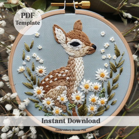 Embroidery Woodland, Woodland Embroidery, Embroidery Spring, Water Soluble Paper, Woodland Deer, Deer Baby, Cute Deer, Easter Embroidery, Deer Pattern