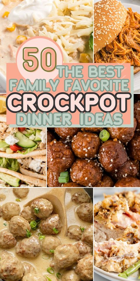 Welcome to the ultimate collection of THE BEST family favorite, tried-and-tested Crockpot Dinner Ideas! From crockpot meatball recipes, crockpot chicken dinner recipes, all the way to delicious and hearty chili & stew recipes. Your family is sure to find some new favorites! Easy Dinner Recipes Crockpot Vegetarian, Crockpot Dinner Ideas Families, Easy Winter Meals Crock Pots, Family Favorite Crockpot Meals, 1 Pot Crockpot Meals, Pillsbury Crockpot Recipes, Main Dish Crockpot Recipes, Crockpot Ideas For A Crowd, Easy Family Crockpot Dinners