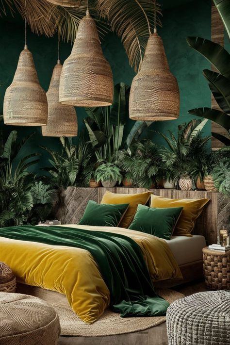 Transform your bedroom into a tropical boho paradise with emerald green walls, woven rattan pendant lights, and bold mustard-yellow bedding. Velvet throw pillows, rustic wood accents, and vibrant potted plants complete this dramatic and cozy retreat. #TropicalBohoVibes #EmeraldGreenDecor #BohoChicBedroom #RusticTropicalDesign #CozyBedroomGoals #LushGreeneryDecor #MustardAndEmerald #BohemianElegance #TropicalSanctuary #InteriorInspiration Emerald Green Walls, Emerald Green Bedroom, Emerald Green Bedrooms, Tropical Luxe, Emerald Green Decor, Green Bedroom Design, Rattan Pendant Lights, Tropical Boho, Greenery Decor