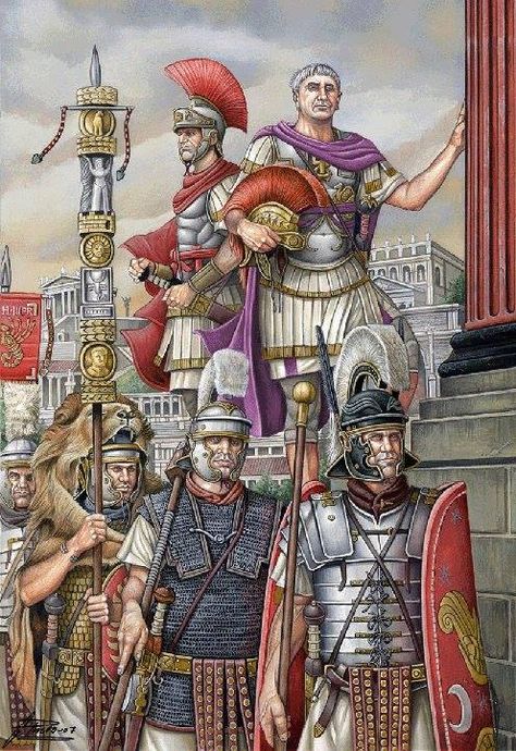 The emperor, a senior officer and Praetorian guardsmen together with their standard bearer. Praetorian Guard, Imperiul Roman, Military Illustration, Roman Warriors, Historical Warriors, Roman Legion, Rome Antique, Empire Romain, Ancient Warfare