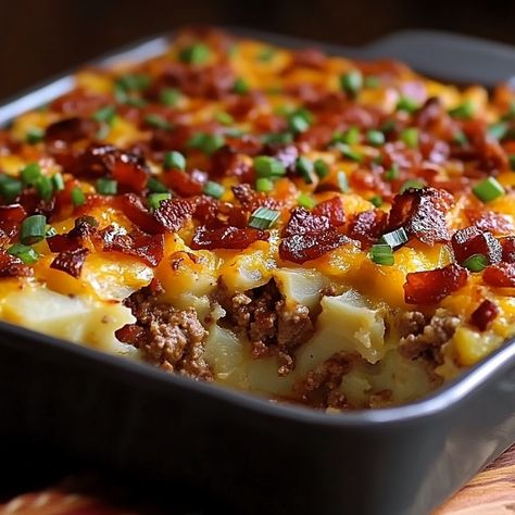 Loaded Potato Meatloaf Casserole Loaded Mashed Potato Meatloaf, Layered Crockpot Meals, Loaded Mashed Potato And Meatball Casserole, Loaded Potato Meatloaf Casserole Recipe, Hamburger And Mashed Potatoes, Best Hot Dish Recipes, Loaded Mashed Potato Meatloaf Casserole, Dinner With Potatoes Easy, Meatloaf And Potato Casserole