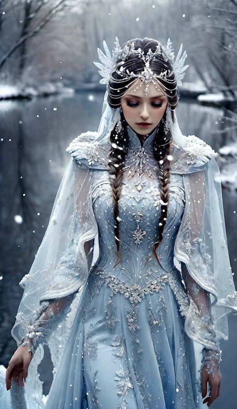 Beautiful Winter Outfits For Women, Blue Ice Dress, Winter Court Dress, Royal Winter Dress, Ice Witch Aesthetic, Winter Solstice Costume, Winter Queen Dress, Ice Dress Snow Queen, Snow Fairy Aesthetic