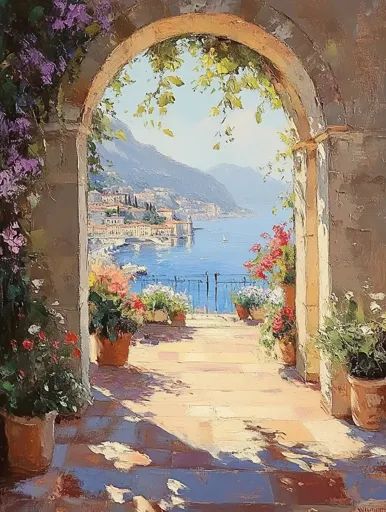 ↑↑↑ Larger size on website 🔸 A stone archway frames a view of a picturesque seaside town. The archway is adorned with lush greene Mosaic Archway, Fantasy Archway, Archway Aesthetic, Wide Archway, Archway Illustration, Archways In Homes, Italian Seaside, Stone Archway, Italian Coast