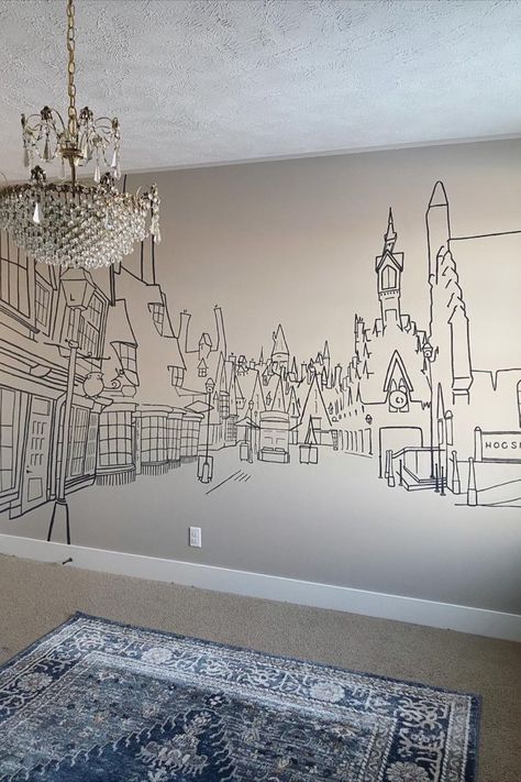 Harry Potter Hogsmeade wall mural Harry Potter Home Wallpaper, Hogwarts Mural Nursery, Harry Potter Inspired Bedroom Wallpaper, Hogwarts Wall Mural Diy, Harry Potter Mural Ideas, Hogwarts Wall Mural, Hogwarts Wall Painting, Harry Potter Bedroom Wallpaper, Harry Potter Wall Painting Ideas