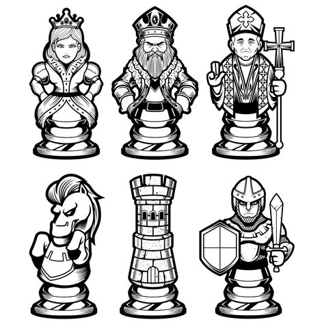 Chess Piece Tattoo, Queen Chess Piece, Adobe Illustrator Vector, Chess Queen, White Cartoon, Black And White Cartoon, Line Art Vector, Black And White Illustration, Chess Pieces