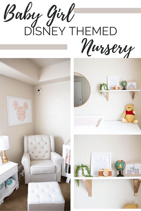 Subtle, modern disney themed nursery. Baby girl nursery ideas. Easy way to decorate a nursery Disney Baby Nursery Ideas, Subtle Disney Room, Simple Disney Nursery, Disney Theme Nursery, Nursery Ideas Disney, Disney Girl Nursery, Disney Nursery Ideas Girl, Modern Disney Nursery, Pastel Disney Nursery