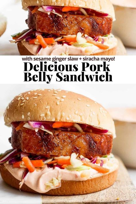 Pork Belly Sandwich - a delicious pork belly sandwich recipe (smoked or roasted) with sesame ginger slaw + spicy mayo! #porkbellysandwich #porkbellysandwichrecipes #porkbellysandwichcrispy Pork Belly Recipes Sandwiches, Pork Belly Sliders Recipe, Pork Belly Sandwich Recipes, Pork Belly Burger, Pork Belly Sliders, Pork Belly Sandwich, Ginger Slaw, Asian Pork Belly, Easy Week Night Dinners