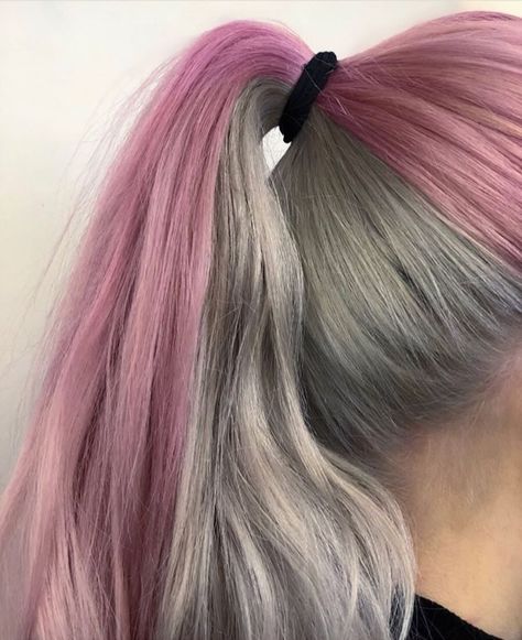 50/50 half pink grey silver hair dye ponytail for bleach London by Tori Dye Grey Hair, Half Colored Hair, Grey Silver Hair, Under Hair Color, Pink Ponytail, Silver Hair Dye, Two Color Hair, Silver Hair Highlights, Bleach London