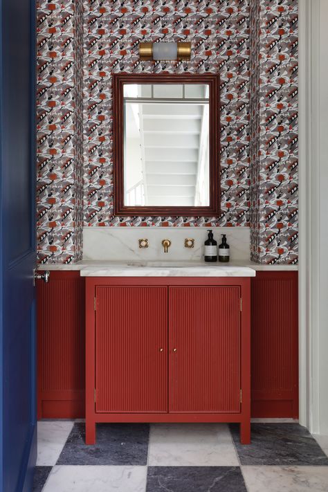 red vanity + checkerboard floor tile + retro bathroom + blue door + red wallpaper + powder room + marble countertops | Design: Ham Interiors Ham Interiors, Downstairs Loo, Downstairs Toilet, Bathroom Red, House Interior Design, County House, Upstairs Bathrooms, Classic Furniture, Visual Comfort