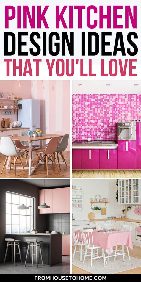 Pink Countertops, Pink Kitchen Accessories, Pink Kitchen Cabinets, Pink Kitchen Designs, Modern Kitchen Photos, Gray Tile Backsplash, Pink Cabinets, Pink Kitchen Decor, House To Home