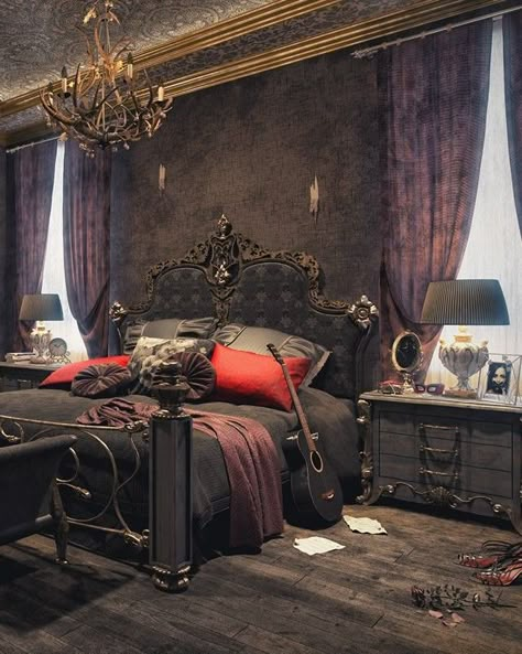 Gorgeous gothic bedroom you'll love Gothic Bedroom Ideas, Gothic Decor Bedroom, Gothic Room, Gothic Interior, Sophisticated Furniture, Purple Curtains, Gothic Bedroom, Victorian Bedroom, Dark Home Decor