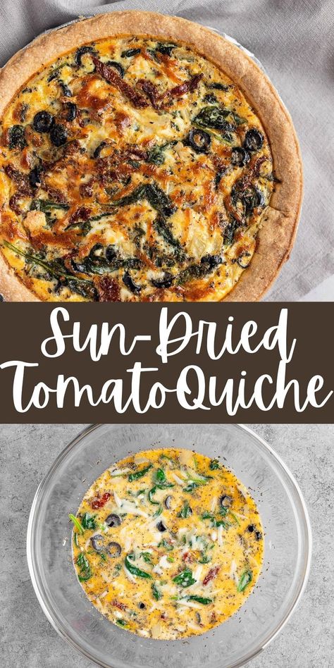 This creamy sun-dried tomato quiche is easy to make for a healthy, protein-packed breakfast. Made with sun-dried tomatoes, feta, mozzarella, spinach and black olives for a tasty and unique quiche recipe. Olive And Feta Quiche, Tomato Mozzarella Quiche, Quiche Recipes With Tomatoes, Quiche Recipes Feta, Spinach Sundried Tomato Quiche, Sundried Tomato Quiche Recipes, Quiche With Sundried Tomatoes, Sun Dried Tomato Quiche Recipes, Tomato Quiche Recipes