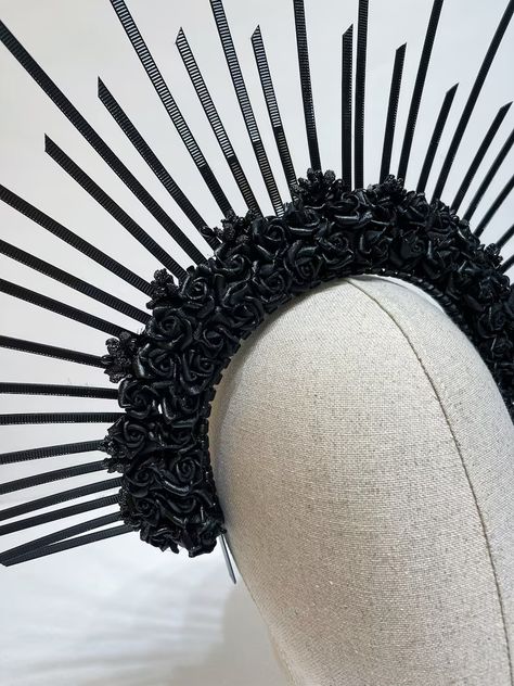 Black Halo Crown. Black Flower Crown Persephone Crown. - Etsy Black Structured Crown Headpiece For Festival, Black Halo Crown, Black Fantasy Festival Crown, Black Mystical Crown Headpiece, Goth Flower Crown, Black Flower Crown, Halloween Headband, Black Halo, Dark Flowers