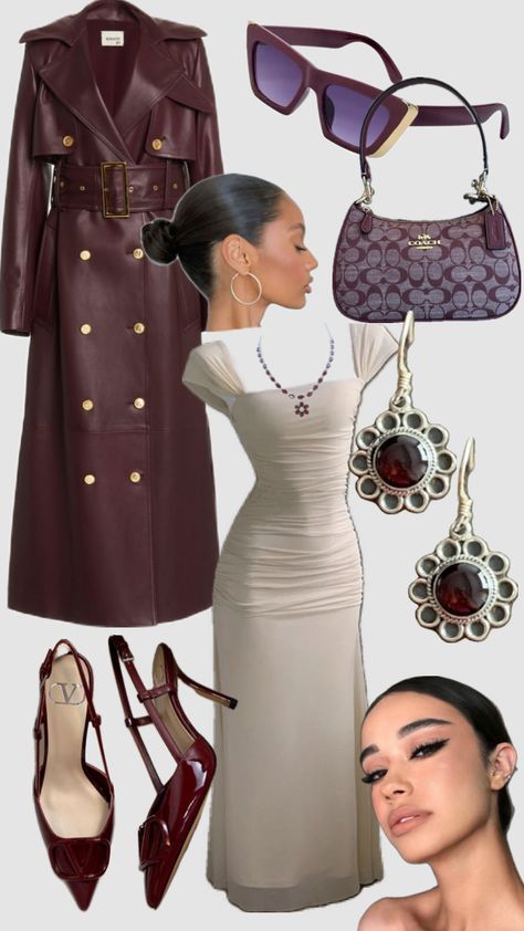 Maroon coat, white dress, maroon heels, silver maroon jewlery, slicked back hair Maroon Dress Outfit Casual, Maroon Heels Outfit, Maroon Dress Outfit, Maroon Heels, Maroon Coat, Dress Outfit Casual, Maroon Outfit, Smart Casual Women, Dress Maroon