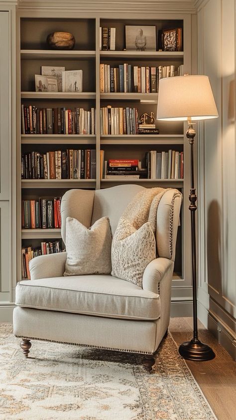 Sitting Room Ideas Cozy Reading Nooks, Landing Reading Nook, Cosy Sitting Room Ideas, Reading Corner In Living Room, Reading Nook In Living Room, Library Snug, Small Den Ideas, Sitting Room Ideas Cozy, Interior Decoration Ideas