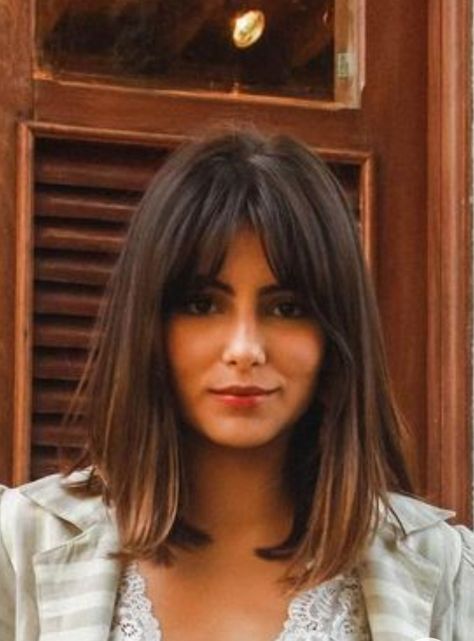 Long Fringe Bob, Lob Haircut With Bangs Fine Hair, Shoulder Length Balayage With Bangs, Fringe Mid Length Hair, Long Bob And Bangs, Mid Length Hair With Fringe Bangs, Mid Length With Fringe, Preppy Bob Hairstyles, Shoulder Length Brown Hair With Bangs