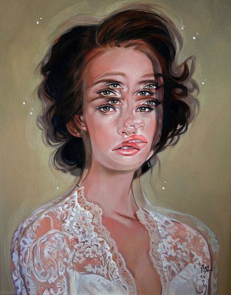 Dubbed the "Queen of Double Eyes," artist Alex Garant depicts beautiful women that are multi-eyed and in double vision. The gorgeously-painted oi Alex Garant, Illusion Kunst, Malcolm Liepke, Emotional Painting, Surreal Portrait, Double Vision, Optical Illusions Art, Illusion Art, Glitch Art